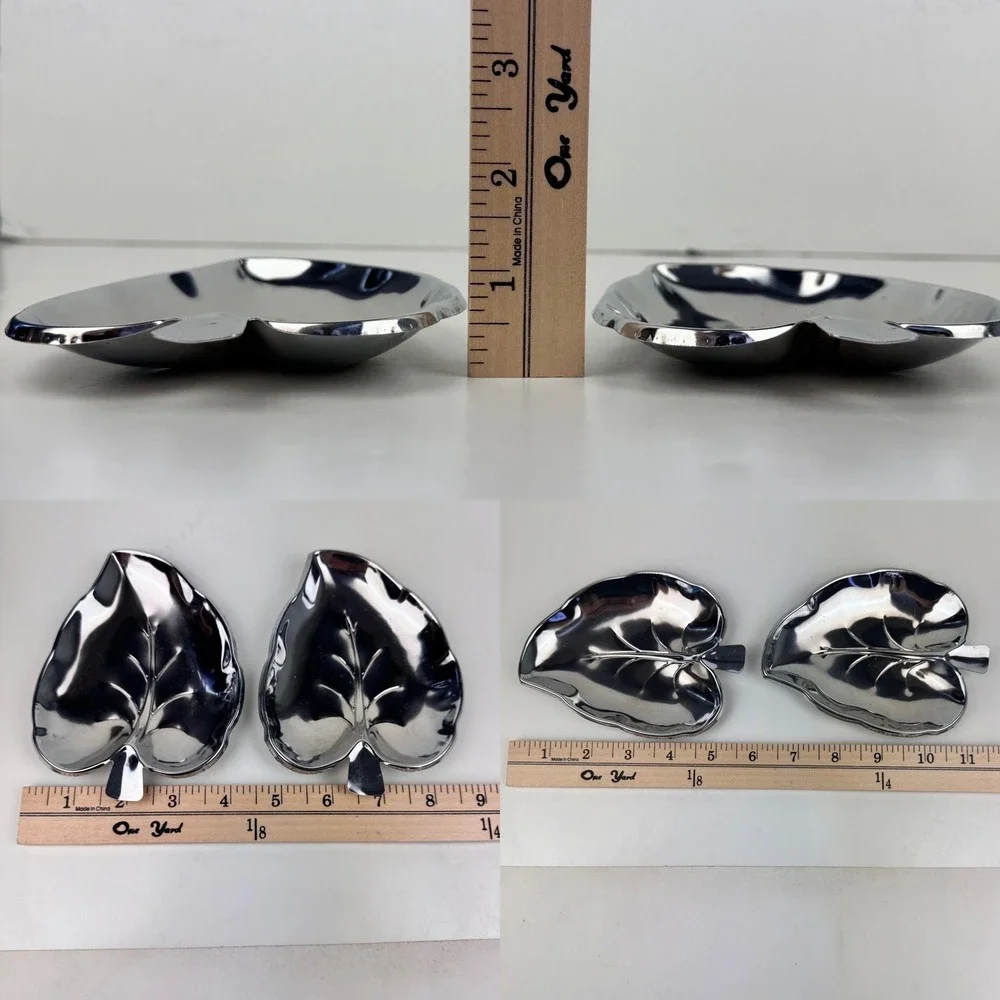 Vtg Set of‎ 2 Leaf Tabletop Trinket Dish Tray Stackable Thin Metal Silver Color